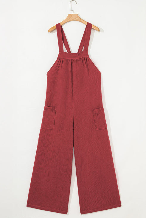 Boho Casual Knotted Back Strap Cotton Bib Front Wide Leg Jumpsuit
